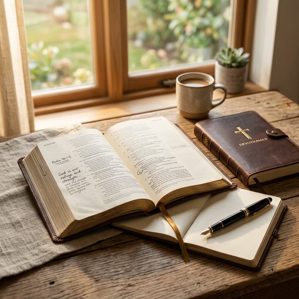 Open Bible and pen for morning quiet time
